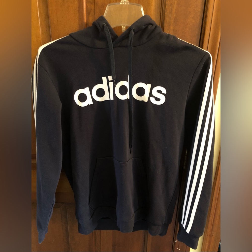Adidas Three Stripes long sleeve cotton/polyester hoodie sweatshirt navy blue M - Picture 1 of 5